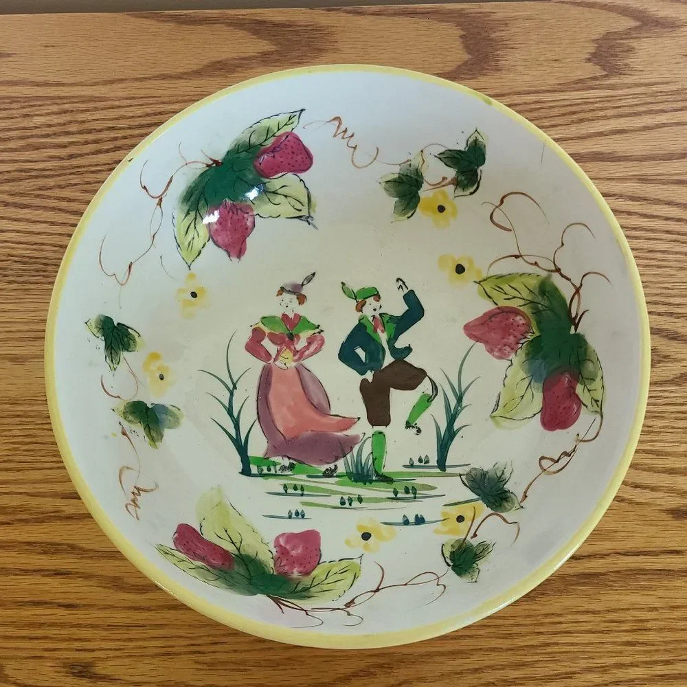 Vintage European Folk Art Handpainted Bowl - Dancing Man and Woman, Strawberries